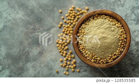 Lentil on wooden bowl, legume for gluten free flour healthy ingredient organic farm 128535585