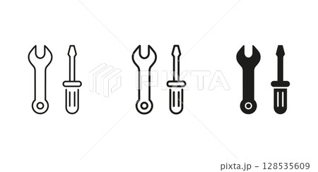 Wrench And Screwdriver Line And Solid Icon Set. Tool And Repair Equipment Outline And Silhouette Symbol Collection. Maintenance And Diy Concept. Isolated Vector Illustration 128535609