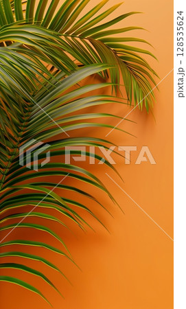 Palm coconut green leaf organic nature environment on solid orange story background 128535624