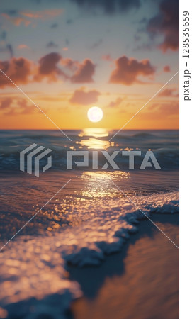 Sunset beauty horizon sky on ocean water with reflection light marine surface story background 128535659