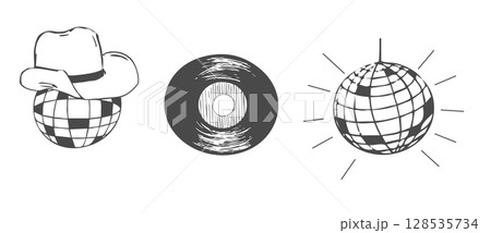 Disco ball y2k bachelorette party tattoo sketch. Disco ball with hat vinyl set. Doodle shiny nightlife music illustration. Groovy 2000 party 128535734
