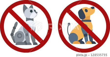 Vector collection of prohibition signs with robots dog and cat. Collection of forbidden stickers with cybernetic animals. 128535735