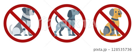 Vector collection of prohibition signs with robots dog various breed. Collection of forbidden stickers with cybernetic puppies. 128535736