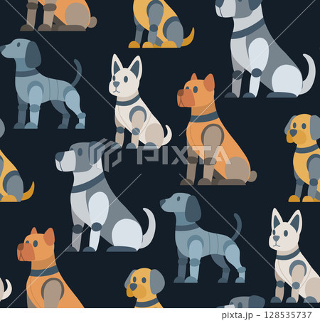 Vector seamless pattern with robot dogs of different breeds on dark background. Texture with technological pets. Background with animals cyborg 128535737