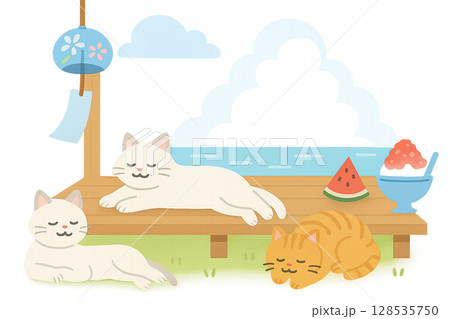 夏の浜辺でひとやすみする白猫たちのイラスト 128535750