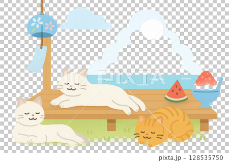 夏の浜辺でひとやすみする白猫たちのイラスト 128535750