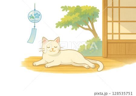 夏の縁側でくつろぐ白猫の涼しげなイラスト 128535751