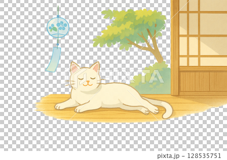 夏の縁側でくつろぐ白猫の涼しげなイラスト 128535751