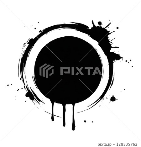 Black circular ink splatter with drips and splashes creates dynamic, artistic effect on transparent background. design is bold and abstract, perfect for creative projects 128535762