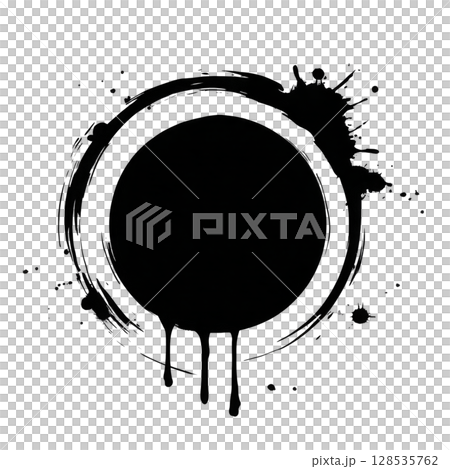 Black circular ink splatter with drips and splashes creates dynamic, artistic effect on transparent background. design is bold and abstract, perfect for creative projects 128535762
