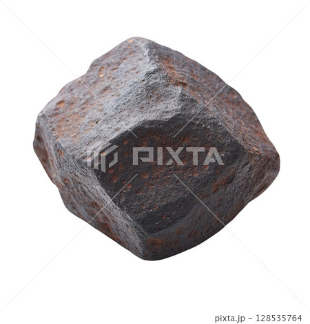 Rough, dark brown meteorite with textured surface and irregular shape, isolated on transparency background. meteorite rugged appearance suggests its extraterrestrial origin Rough, dark brown meteorite with textured surface and irregular shape, isolated on transparency background. meteorite rugged appearance suggests its extraterrestrial origin 128535764