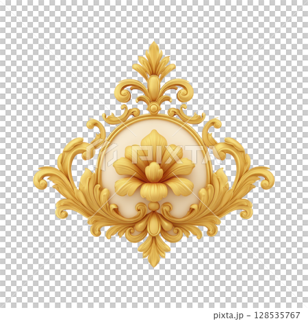Ornate golden floral design with intricate details and central flower motif, exuding elegance and luxury, perfect for decorative purposes 128535767