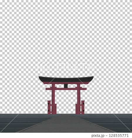 Traditional Japanese torii gate stands prominently against clear sky, symbolizing entrance to sacred space. wooden structure is painted red, contrasting with serene surroundings 128535771