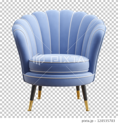 Stylish blue velvet armchair with scalloped backrest and gold tipped legs, perfect for adding elegance to any modern living space 128535783