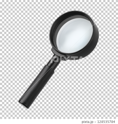 Black magnifying glass with textured handle and clear lens, used for close up examination and investigation. tool is isolated on transparency background 128535784