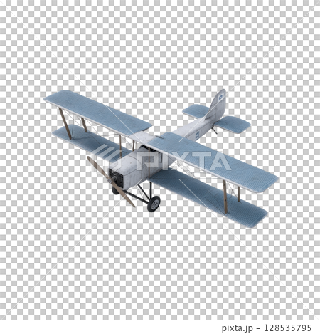 Vintage biplane with blue and white color scheme, featuring dual wings and classic propeller design, evokes sense of nostalgia and adventure 128535795