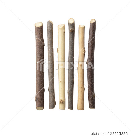 Six wooden sticks of varying shades are arranged vertically against plain background, showcasing natural textures and colors. simplicity and rustic feel evoke sense of nature and minimalism Six wooden sticks of varying shades are arranged vertically against plain background, showcasing natural textures and colors. simplicity and rustic feel evoke sense of nature and minimalism 128535823