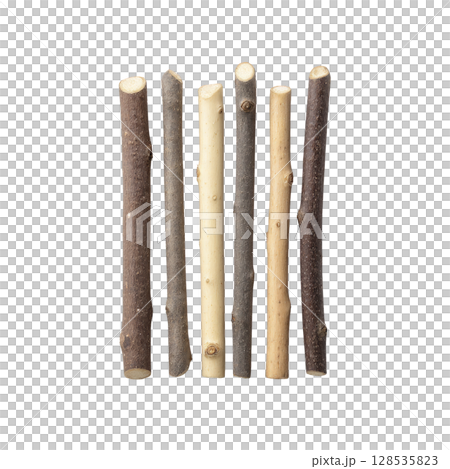 Six wooden sticks of varying shades are arranged vertically against plain background, showcasing natural textures and colors. simplicity and rustic feel evoke sense of nature and minimalism Six wooden sticks of varying shades are arranged vertically against plain background, showcasing natural textures and colors. simplicity and rustic feel evoke sense of nature and minimalism 128535823