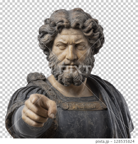 This features detailed statue of bearded man with curly hair, wearing toga and pointing forward. expression is intense and commanding, capturing sense of authority and power This features detailed statue of bearded man with curly hair, wearing toga and pointing forward. expression is intense and commanding, capturing sense of authority and power 128535824