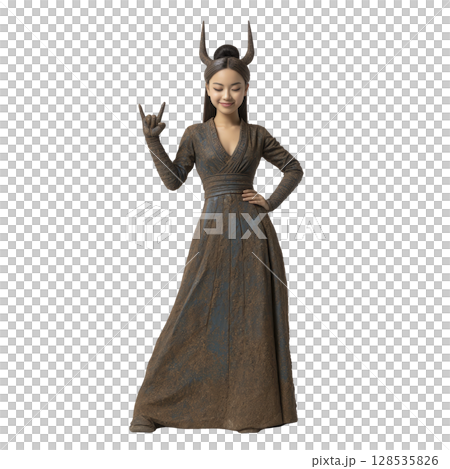 Woman in long, elegant dress with horned headpiece strikes confident pose, exuding sense of mystery and power. Her expression is serene yet commanding 128535826