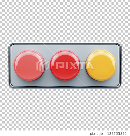 Three colorful buttons row, featuring red, orange, and yellow hues, are displayed rectangular panel. buttons are glossy and vibrant, set against neutral background, creating striking visual 128535853