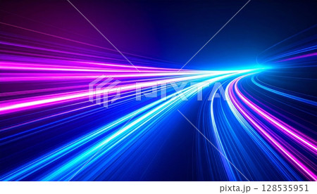 Abstract blue light waves illustrate a dynamic, colorful digital design with glowing lines and a sense of speed 128535951
