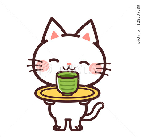 お茶を出す猫のかわいいキャラクター　イラスト素材 128535989