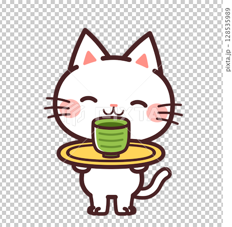 可愛的貓咪角色端茶插圖 可愛的貓咪角色端茶插圖 128535989