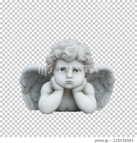 Cherubic angel statue with curly hair and wings rests its chin on its hands, exuding serene and contemplative expression. sculpture is crafted in classic style, highlighting its delicate features Cherubic angel statue with curly hair and wings rests its chin on its hands, exuding serene and contemplative expression. sculpture is crafted in classic style, highlighting its delicate features 128536003