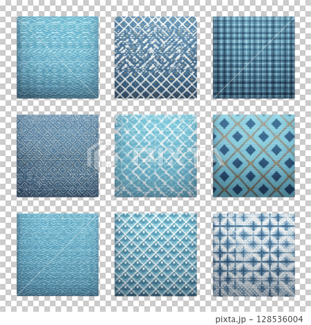 Collection of nine blue fabric swatches showcases various geometric patterns, including plaid, diamond, and abstract designs, each with unique textures and shades of blue Collection of nine blue fabric swatches showcases various geometric patterns, including plaid, diamond, and abstract designs, each with unique textures and shades of blue 128536004
