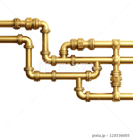 Golden pipes with intricate connections form complex network against transparency background, showcasing industrial design and engineering precision. metallic shine adds luxurious touch 128536005