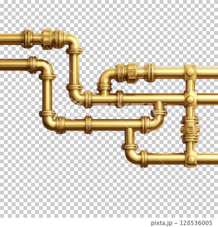 Golden pipes with intricate connections form complex network against transparency background, showcasing industrial design and engineering precision. metallic shine adds luxurious touch 128536005