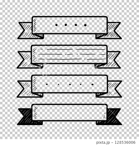 Set of hand drawn ribbon banners in sketch style, featuring various designs with dots and lines, perfect for decorative purposes in graphic design projects 128536006