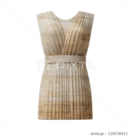 Stone sculpture of ancient Greek dress with intricate pleats and detailed belt, showcasing classical design and craftsmanship. texture and color evoke sense of history Stone sculpture of ancient Greek dress with intricate pleats and detailed belt, showcasing classical design and craftsmanship. texture and color evoke sense of history 128536011