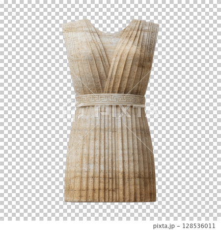Stone sculpture of ancient Greek dress with intricate pleats and detailed belt, showcasing classical design and craftsmanship. texture and color evoke sense of history Stone sculpture of ancient Greek dress with intricate pleats and detailed belt, showcasing classical design and craftsmanship. texture and color evoke sense of history 128536011