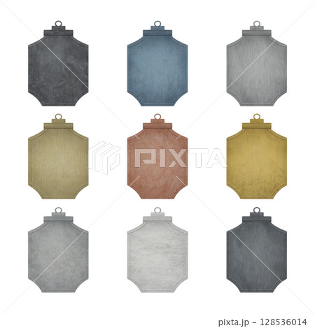 Nine metallic shield shaped tags in various colors including black, blue, gray, gold, copper, and silver are displayed in grid pattern. Each tag has small loop at top for attachment 128536014
