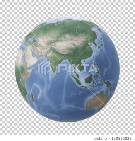 Detailed 3D rendering of Earth showcases Asia, Australia, and surrounding oceans, highlighting geographical features and topography. image provides realistic view of planet surface 128536028