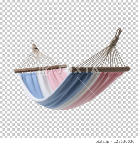Colorful hammock with pink, blue, and white stripes is suspended by sturdy ropes, creating relaxing and inviting atmosphere. Perfect for outdoor leisure and comfort 128536030