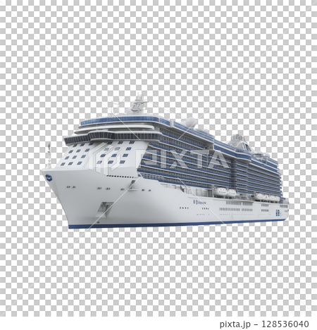 Large, modern cruise ship with multiple decks and lifeboats is shown against transparency background. ship features sleek design, numerous windows, and spacious upper deck area Large, modern cruise ship with multiple decks and lifeboats is shown against transparency background. ship features sleek design, numerous windows, and spacious upper deck area 128536040