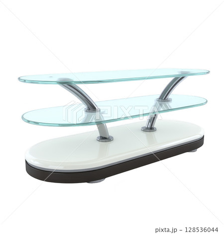Modern glass TV stand with two transparent shelves and sleek metal supports, designed for contemporary living spaces. base is oval shaped, providing stability and style 128536044