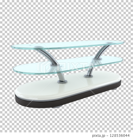 Modern glass TV stand with two transparent shelves and sleek metal supports, designed for contemporary living spaces. base is oval shaped, providing stability and style 128536044