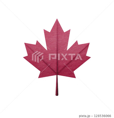 Red maple leaf with textured appearance is centered on plain background, symbolizing Canada and evoking sense of national pride 128536066