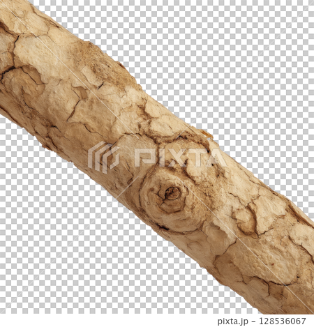 Close up of textured tree branch with knot, showcasing its rough, natural surface and earthy tones. detailed bark pattern highlights organic beauty of wood 128536067