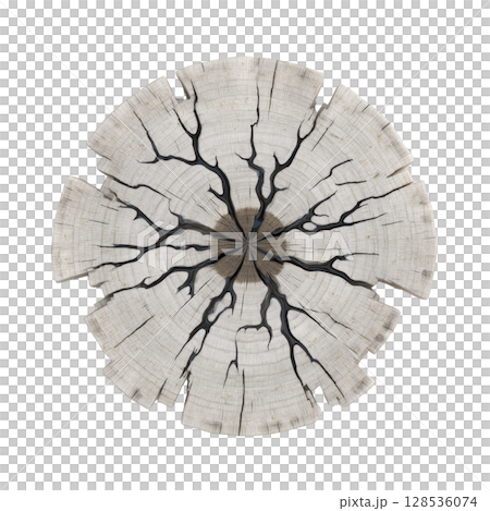 Cross section of tree trunk with visible growth rings and cracks radiating from center, showcasing natural patterns and textures. wood appears aged and weathered, highlighting its organic beauty 128536074