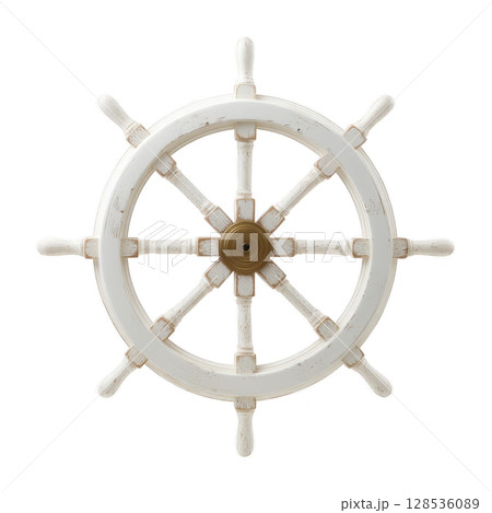 Vintage wooden ship wheel with weathered finish, featuring eight spokes and central brass hub, evokes nautical theme. rustic design adds maritime charm 128536089