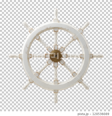 Vintage wooden ship wheel with weathered finish, featuring eight spokes and central brass hub, evokes nautical theme. rustic design adds maritime charm 128536089