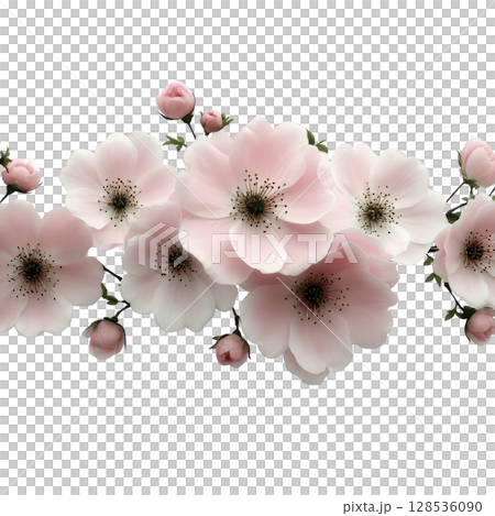 Delicate pink cherry blossoms with green leaves create serene and elegant floral arrangement, perfect for spring themed designs or nature inspired decor 128536090