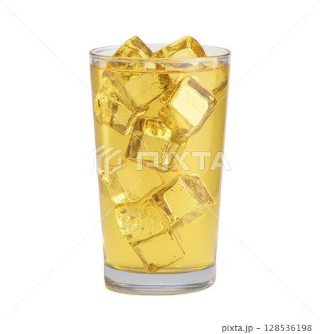Refreshing glass of iced tea filled with ice cubes, showcasing golden hue. drink is served in clear glass, highlighting its cool and inviting appearance 128536198