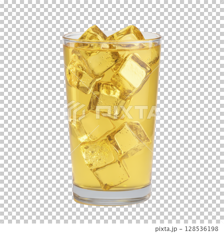 Refreshing glass of iced tea filled with ice cubes, showcasing golden hue. drink is served in clear glass, highlighting its cool and inviting appearance 128536198