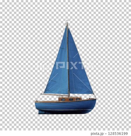 Blue sailboat with tall sails stands isolated against transparency background, showcasing its sleek design and nautical charm. boat wooden accents add classic touch 128536199